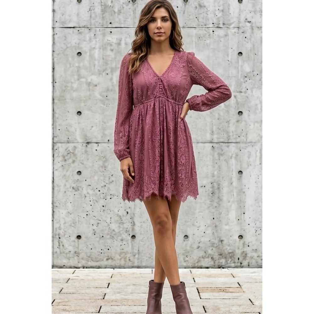 Coco + Jaimeson Mauve Lace V-Neck Mini Dress Long Sleeve Boho